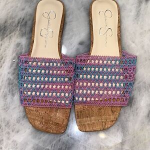 Jessica Simpson pink & blue flip flops size 7